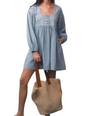 Anthro Long-Sleeve Square-Neck Denim Babydoll Mini Dress  light wash blue Sz Med